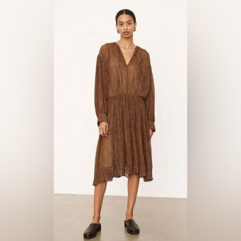 Vince Starry Dot Womens Dress M Medium Brown Long Sleeve Shirred‎ Midi $495